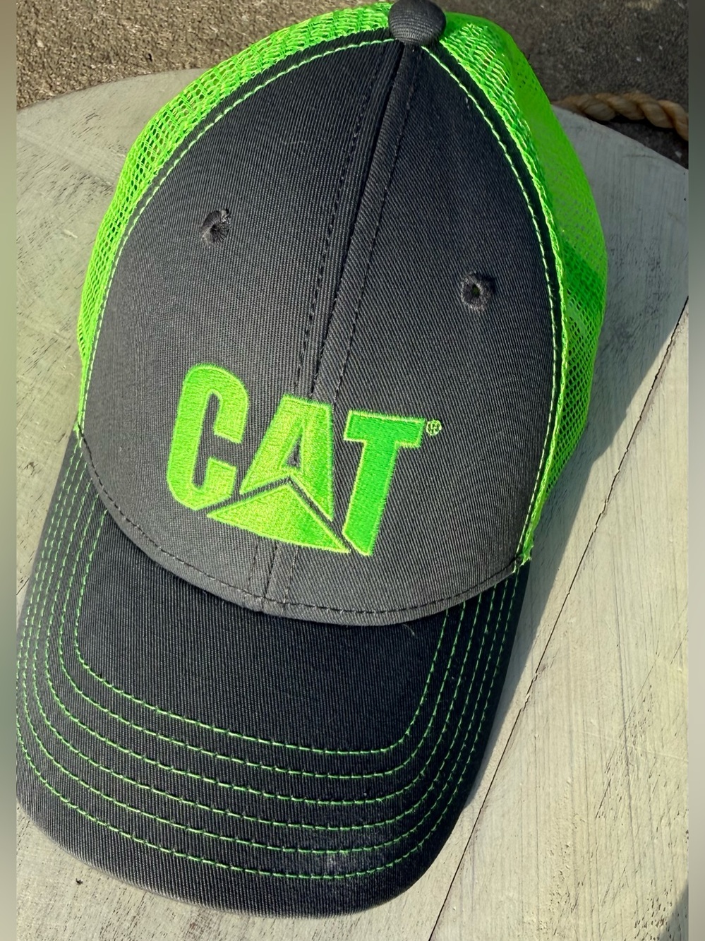 Caterpillar Black and Neon Green Mesh Logo CAT Trucker Cap Cotton and Polyester
